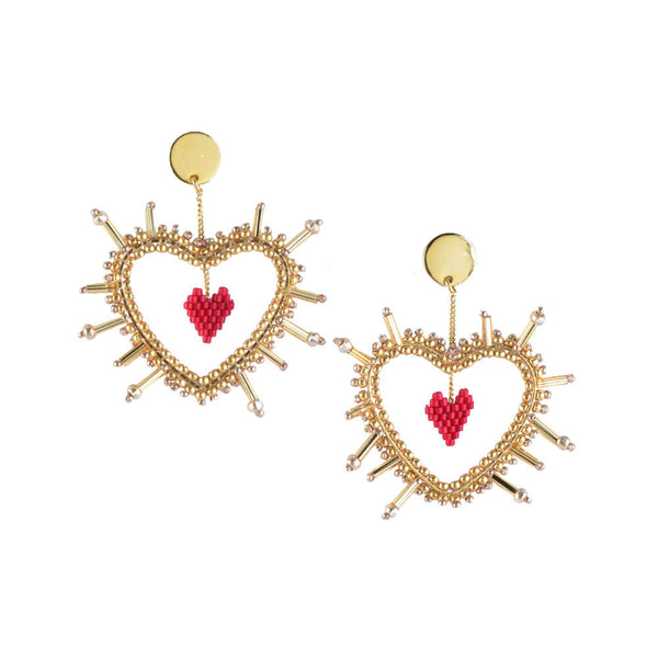 Aretes Sacred Heart Dorado y Rojo